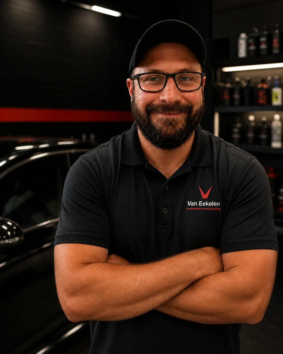 Andrew Van Eekelen, owner of Van Eekelen Professional Vehicle Detailing, in a professional front-facing portrait with branded shirt