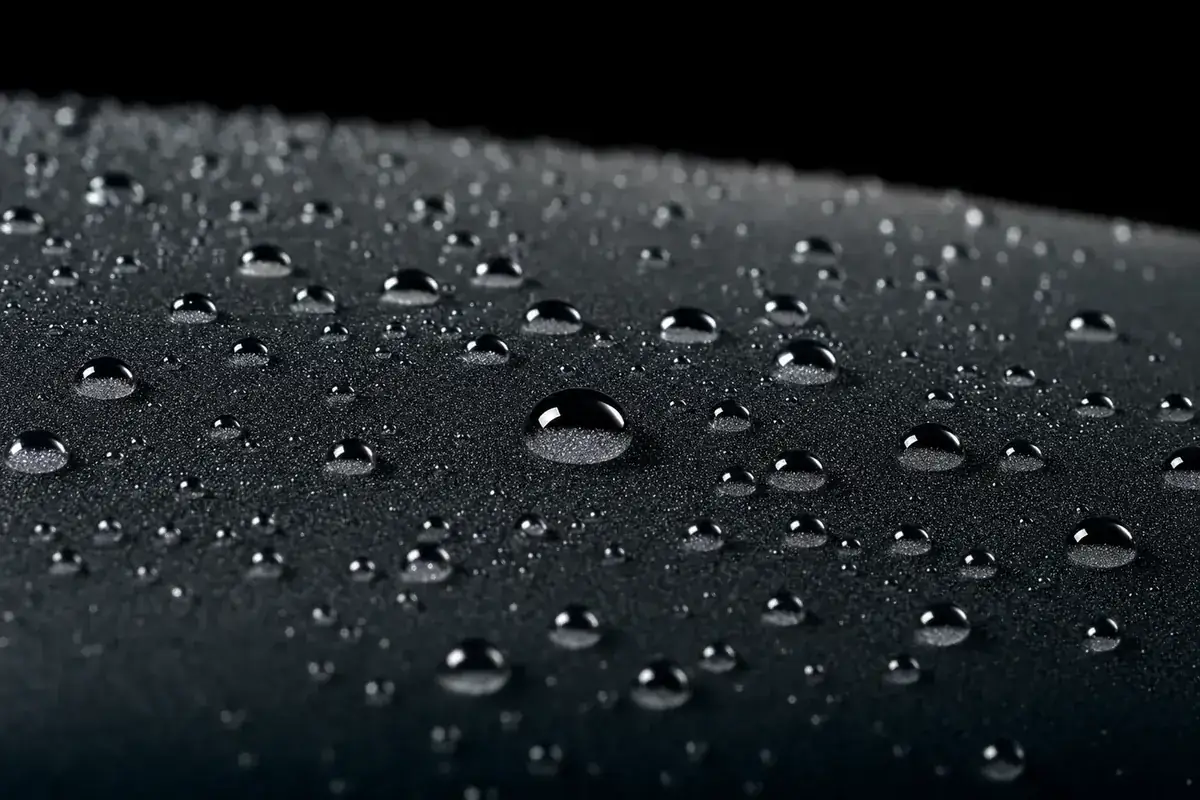 Water beading tightly on a freshly ceramic-coated dark paint panel