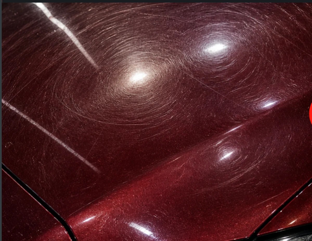 Red paint before correction, showing swirls and scratches